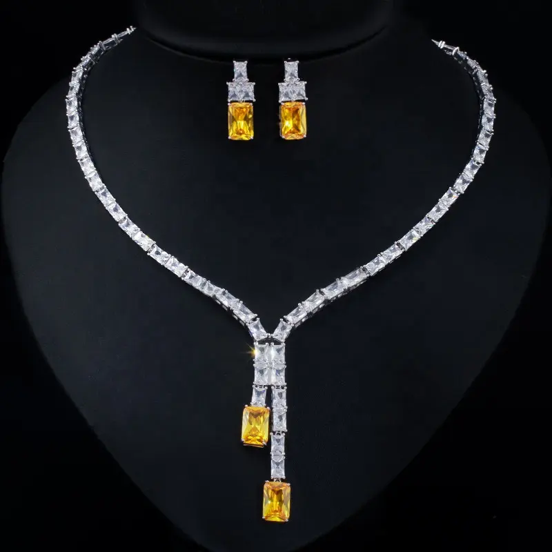 Moda Amarelo Cubic Zircon Geometric Square CZ Brincos e Colar Bridal Party Jewelry Set para As Mulheres