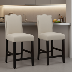 Tabourets de bar rembourrés, hauteur de comptoir, 25 pouces, pieds en bois de caoutchouc, beige, mobilier de bar moderne - Product Image 2