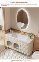Meuble-lavabo de salle de bain en bois massif avec vasque intégrée en céramique émaillée, style vintage français, étanche IPX4
