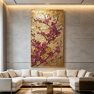 Quadro da Parete All'ingrosso con Fiori di Prugna, Pittura a Impasto Spesso, Sfondo Dorato, Decorazione per Ingresso, Pittura in Porcellana Cristallo con LED - Product Image 5