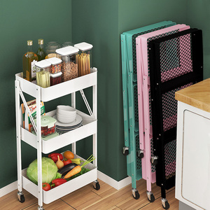 Folding <b>Storage</b> Rack 3 Tier Movable Kitchen <b>Cart</b> With Wheels For Food <b>Storage</b> And Organization - Product Image 1