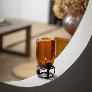 Amber Glass Candle Holder Round Heat Resistant Home Decoration Tea Ceremony Accessory - Product Image 5