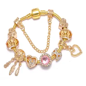 HOVANCI 18K Gold Plated Snake Chain Glass Beads Dreamcatcher Charm Bracelet Crystal Heart Charm Bracelet with Safety Chain