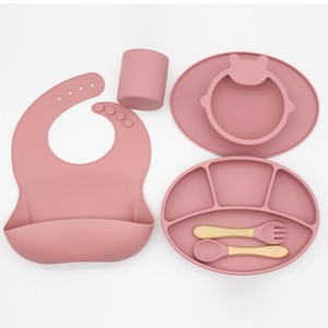 Minimalist Manual Suction Silicone Baby Weaning Tableware Set with Divided Plate Bib Spoon Fork Cup Lid <b>for</b> 6 Months - Product Image 4