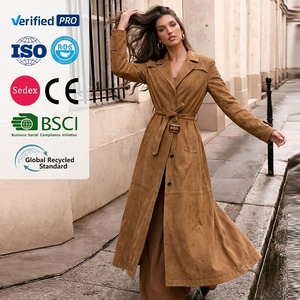 Trench Coat in <span class=keywords><strong>Camoscio</strong></span> Color Cuoio da <span class=keywords><strong>Donna</strong></span> con Cintura |   Giacca Lunga Casual Autunnale 2026, in Morbida Pelle Scamosciata Vegana con Cintura in Vita - Product Image 1