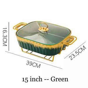 Cacerola Ovalada de Cerámica y Mármol Dorado Personalizada de Fábrica, Olla para Sopa de 11/13/15 Pulgadas con Soporte de Hierro y Tapa de Vidrio - Product Image 3