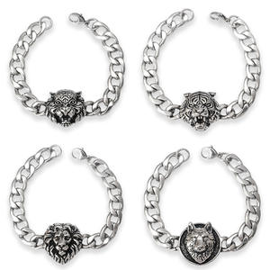 Pulsera de Cadena Cubana para Hombre, de Acero Inoxidable Plateado, con Cabeza de Animal (Tigre, León, Lobo), Estilo Hip Hop Punk - Product Image 1