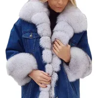Toptan 2022 moda sonbahar kış artı boyutu 5XL kadınlar açık rahat mavi kot mont jean ceket kürk