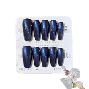 Faux <span class=keywords><strong>ongles</strong></span> longs en amande à presser, <span class=keywords><strong>bleu</strong></span> <span class=keywords><strong>marine</strong></span> effet œil de chat, 10 pièces, faits main, couvrance totale, en acrylique, pour fêtes et usage quotidien - Product Image 5