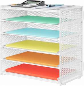 Organisateur de bureau en maille pour accessoires de bureau, organiseur de poste de travail, plateau à lettres à 6 niveaux, organisation de bureau, blanc - Product Image 1