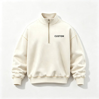 Sudadera personalizada para hombre, extragrande, color blanco roto, con media cremallera y cuello alto, cremallera metálica, de tejido grueso, con costuras en contraste, corte minimalista y holgado.