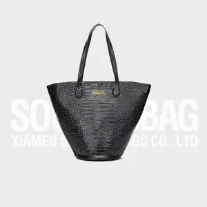 Soochic Dress Large Capacity Double Handle Tote Bag Elegant Crocodile Vegan Leather Handbag Top Open Minimalist Shoulder Bag