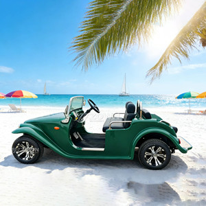 Voiture électrique vintage à deux places, toit ouvert, vert foncé, pour le transport touristique dans les stations balnéaires - Product Image 6