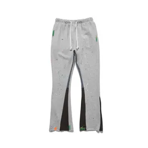 Dongguan şehir Streetwear erkekler ter pantolon Joggers Graffiti boya sıçramak yığılmış özel Logo % 100% pamuk Flare Sweatpants