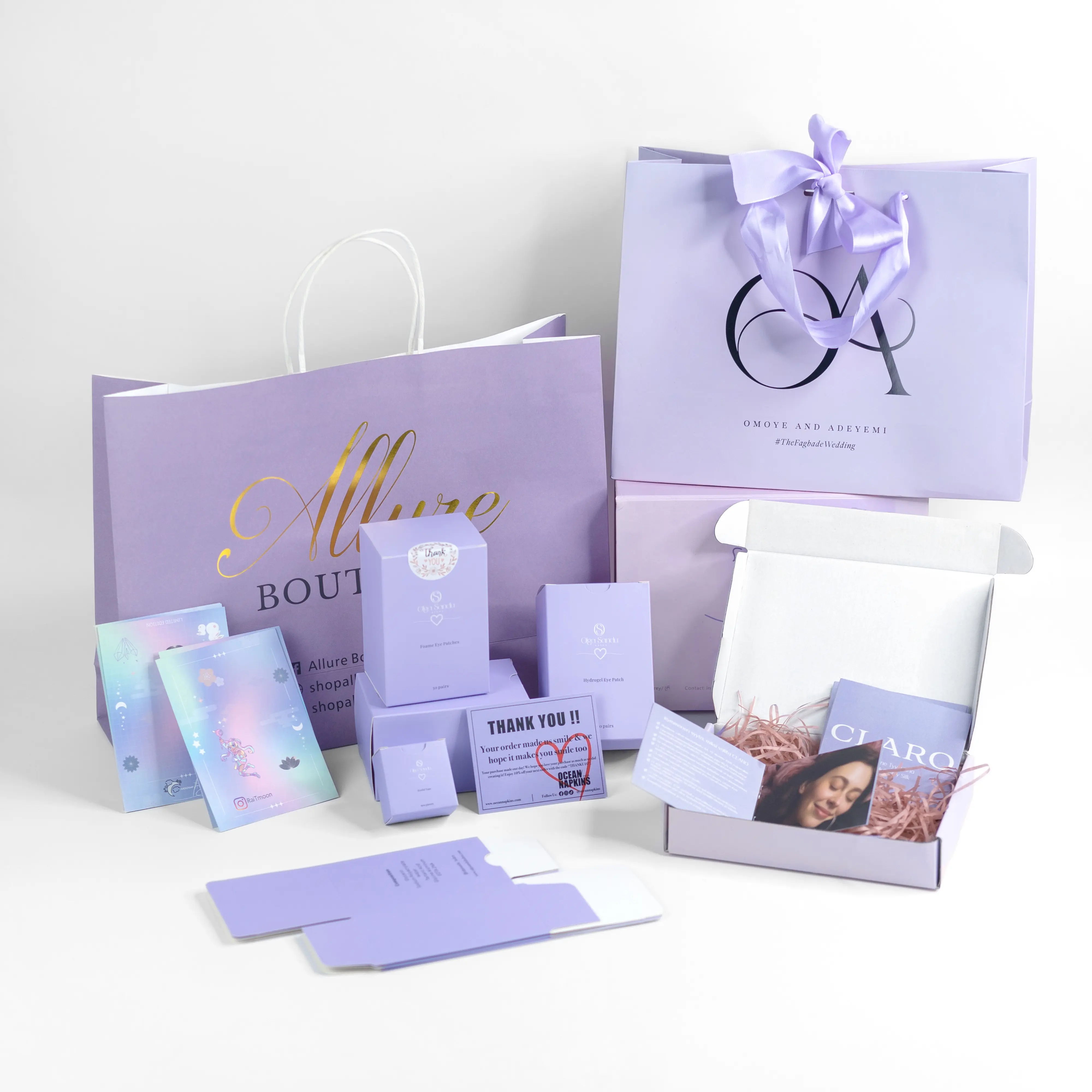 One-Stop-Kleidung verpacken violette Pappe Geschenk box Verpackung Produktset Papiertüten boxen mit Ihrem eigenen Logo gedruckt