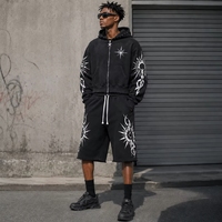 Ensemble de survêtement homme deux pièces : sweat à capuche zippé court coupe boxy et short de survêtement long 3/4, style vintage délavé à l'acide