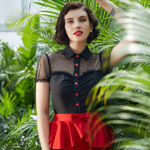 Camicetta Vintage da <span class=keywords><strong>Donna</strong></span> OEM con Maniche Corte, Colletto a Risvolto, Bottoni Rossi, Design Patchwork in Rete, Moda Estiva - Product Image 2