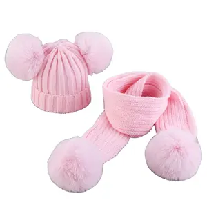 Soft Children knit Beanie hats with double faux fur poms boys girls new autumn winter fashion pure color kids knitted hat