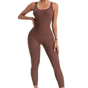 Groothandel Vrouw Xs Geribbeld Eendelig Gecomprimeerde Yoga Jumpsuits Workout Romper Mouwloze Oefening U-Nek Dij Slimming Jumpsuit