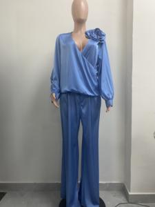 女性用フローラルエレガントVネックサテン長袖トップワイドレッグパンツ<span class=keywords><strong>2</strong></span>ピースセットSeheファッション - Product Image 5