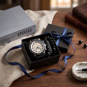 Orologio da Polso da <span class=keywords><strong>Uomo</strong></span> all'Ingrosso con Cinturino in Pelle e Cassa in Lega, Set Regalo Promozionale di Moda per <span class=keywords><strong>Uomo</strong></span> con Bracciale a Perline - Product Image 5