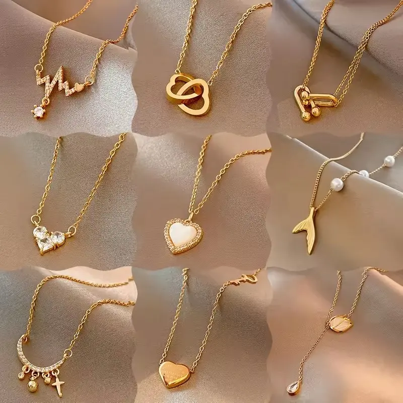 Atacado moda aço inoxidável ouro borboleta estrela lua coração pingente corrente zircão pérola jóias colares para mulheres