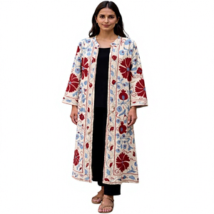 Kimono long en coton tissé brodé de fleurs, style Prairie Chic pour femmes, manches trois quarts, col rond, vêtement d'été - Product Image 1