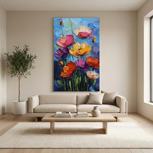 Peinture abstraite florale texturée bleue, peinte à la main à l'huile sur toile, grande œuvre d'art murale, décoration intérieure, arts décoratifs - Product Image 5