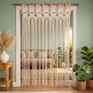 Modern Macrame <b>Bead</b> Curtain Wooden Rod Wall Hanging Decorative <b>Door</b> Divider Abstract Geometric Pattern Rectangle Shape for - Product Image 4