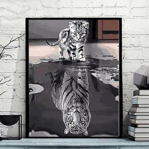 Peinture murale moderne personnalisée pour salon, chat et tigre, animal, peinture en porcelaine cristalline, impression HD, décoration, peinture avec lumière LED - Product Image 1