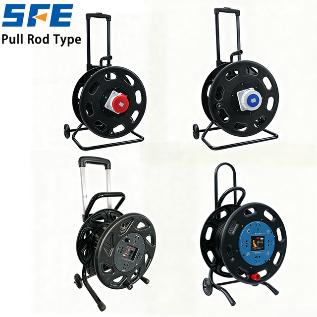 SFE Customized Pull Rod Type 2, 3, 4 Way Cable Reel EU Sockets IP44 Retractable 100m 50m 40m 25m Extension Power Cable