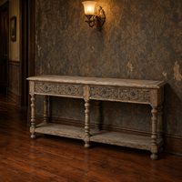 Table console en bois rustique de style farmhouse, chêne vieilli, avec tiroirs et étagère, pour entrée, salon ou couloir