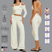 Ensemble de vêtements de sport FH avec logo personnalisé, 6 pièces, t-shirt à manches courtes, pantalon large, vêtements de yoga pour femmes, vente en gros, marque privée, vêtements de sport pour la salle de sport