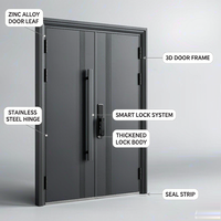 Porte d'entrée en acier à double battant de qualité supérieure avec bandes centrales à nervures fines et système de verrouillage intelligent pour bâtiments résidentiels contemporains