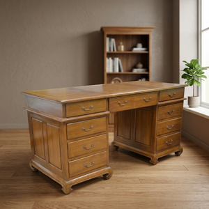 Bureau en bois de teck massif de style traditionnel classique avec tiroirs convertibles de couleur naturelle - Product Image 3