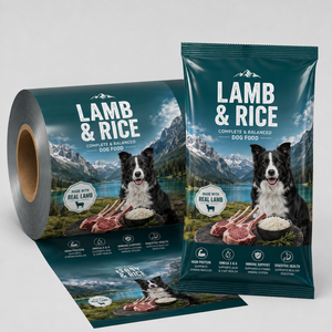 Pellicola per Imballaggio Cibo per Cani, Rotolo Personalizzato Stampato, Film Flessibile Laminato con Design <span class=keywords><strong>Agnello</strong></span> e <span class=keywords><strong>Riso</strong></span> per Confezionamento Automatico - Product Image 1