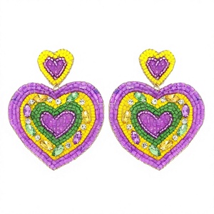 Purple Green Gold <b>Beaded</b> Silver Plated Flower Design Drop Earrings for Women Festive Accessory for <b>Mardi</b> <b>Gras</b> Carnival Parades - Product Image 1
