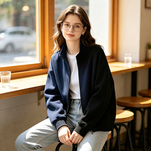 Veste polaire zippée bleu marine pour femme, col montant, décontractée, couleur unie, respirante, en maille, pour l'automne - Product Image 1