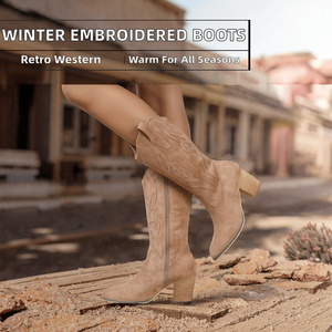 Botas de tacón grueso y cuadrado de ante para mujer, con bordado y cremallera lateral, forro de PU, estilo retro vaquero del oeste, hasta la rodilla, para otoño e invierno. - Product Image 2