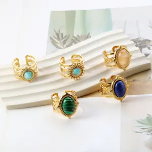 Vintage Adjustable 316 Stainless Steel 18K PVD Gold Plated Jewelry Rings Natural Stone Turquoise Malachite Opening Rings Custom