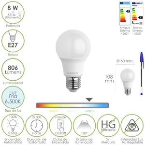 Lampadina LED standard E27 a innesto. 8 Watt. Equivalente a 65 Watt. 806 Lumen. Bianco Freddo (6500K). - Product Image 1