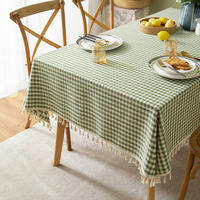 Nappe en coton et lin à motif géométrique, style moderne, mini-échiquier, à pompons, technique tissée, anti-taches, pour hôtels et maisons, vente en gros