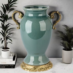 European Style Ceramic Floor Vase Green With Gold Handles Traditional Decor For Living Room Housewarming Gift - Product Image 1