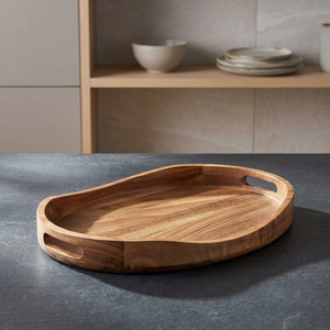Plateau de service rectangulaire en bois d'acacia, écologique, durable, design luxueux fait main, poignées sculptées en bois massif, plats, assiettes, Ramadan - Product Image 1