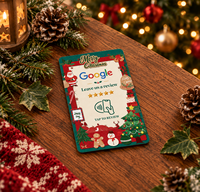 Carte NFC personnalisée pour Noël avec fonction Tap to Review, avec un adhésif puissant pour les comptoirs de café et les vitrines.