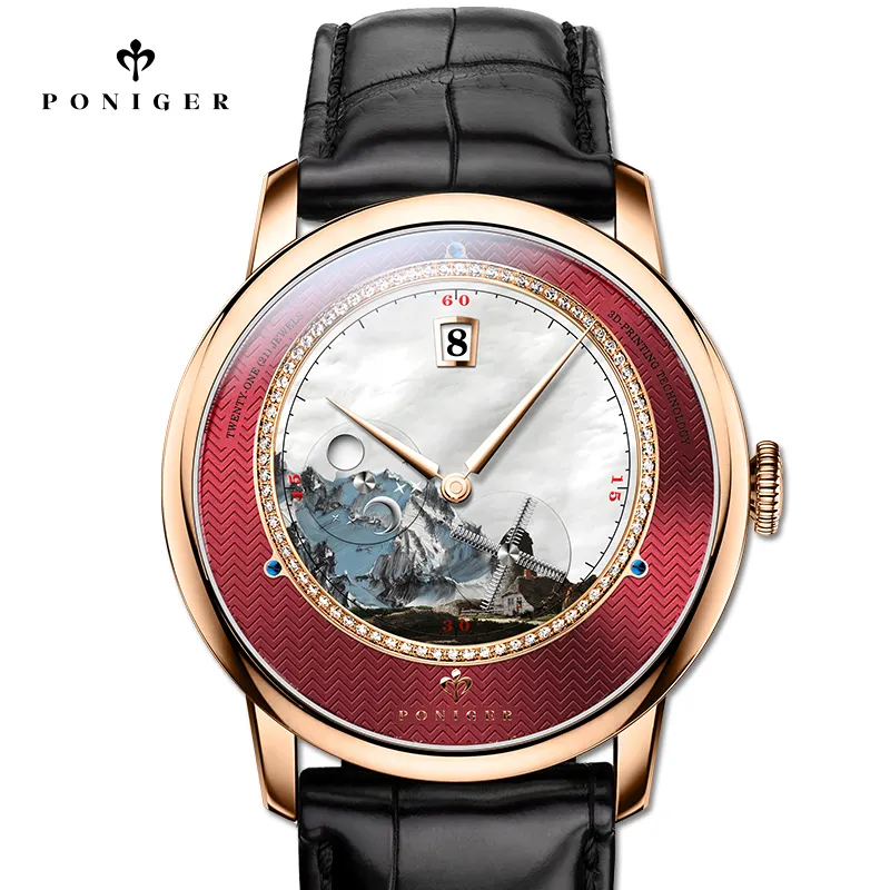 Poniger custom made watches create your own dial unique red dial hand clock for man reloj watches automatic men