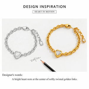 Bracelet en zircone cubique en forme de cœur, chaîne en acier inoxydable à maillons torsadés avec placage sous vide en or 14 carats, couleur or - Product Image 3