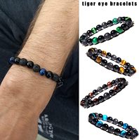 Bracelet Triple Protection pour Hommes Femmes Œil de Tigre Onyx Noir Roche Volcanique Calme la Peur Libère l'Anxiété Apporte Chance et Succès