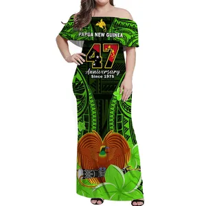 巴布亚新几内亚脱肩长裙巴布亚新几内亚47年独立周年休闲褶边短袖连衣裙女装