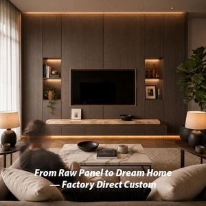 Mobile TV Moderno di Lusso su Misura da Pavimento a Soffitto con Illuminazione a LED - Unità Modulare a <span class=keywords><strong>Parete</strong></span> in Legno Scuro per Soggiorno con Armadietto Contenitore - Product Image 1